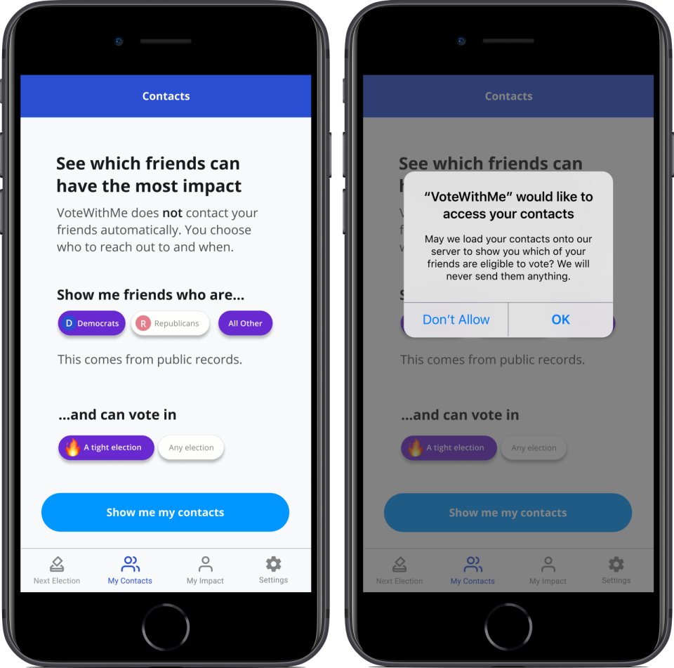 VoteWithMe allows you to see which of your contacts are registered to vote. / VoteWithMe