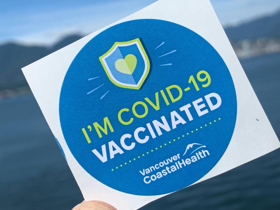 Vancouver Coastal Health’s ‘I’m Vaccinated’ sticker given out at the downtown Convention Centre. 