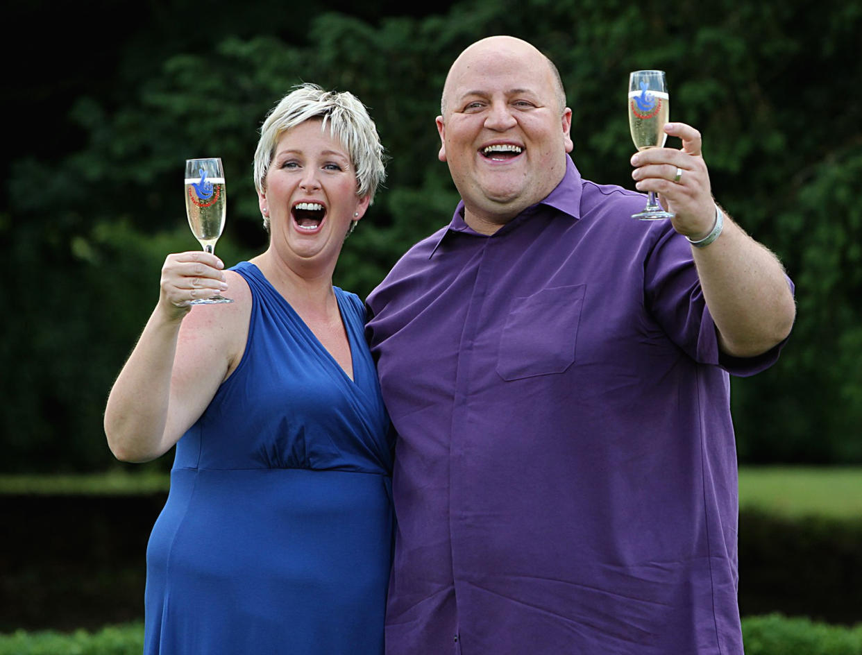 Adrian Bayford, 41, and wife Gillian, 40, from Haverhill, Suffolk, after a press conference at Down Hall Country House Hotel in Hatfield Heath, Hertfordshire, after they won &pound;148.6 million on Friday's EuroMillions jackpot.