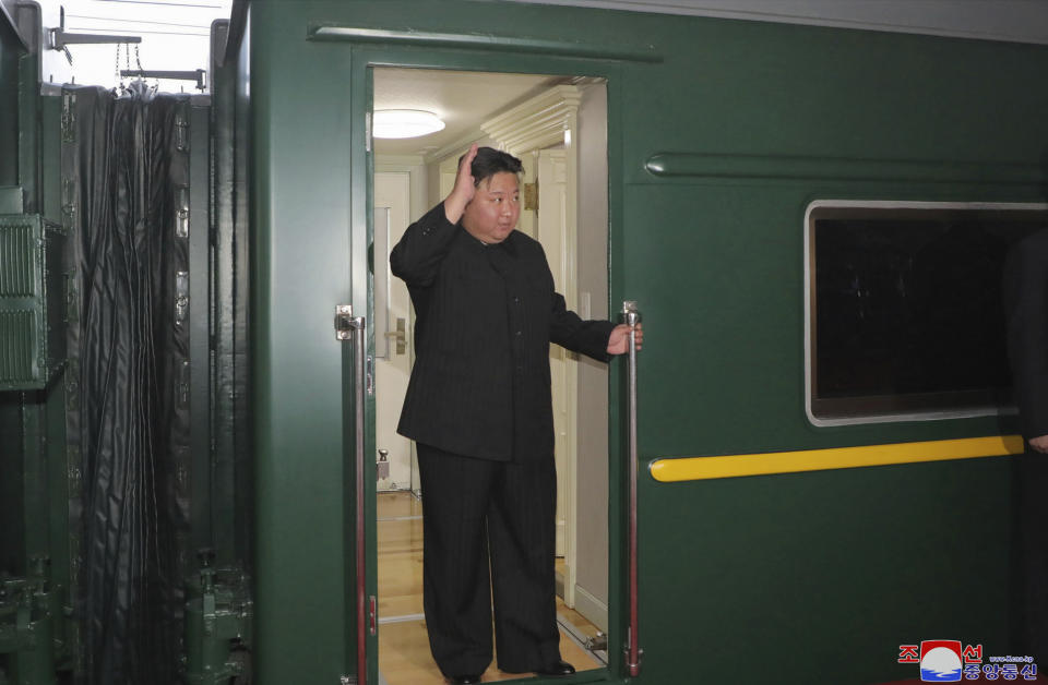 FILE - In this photo provided by the North Korean government, North Korean leader Kim Jong Un waves from a train in Pyongyang, North Korea, on Sept. 10, 2023, as he leaves for Russia. The content of this image is as provided and cannot be independently verified. Korean language watermark on image as provided by source reads: "KCNA" which is the abbreviation for Korean Central News Agency. (Korean Central News Agency/Korea News Service via AP, File)