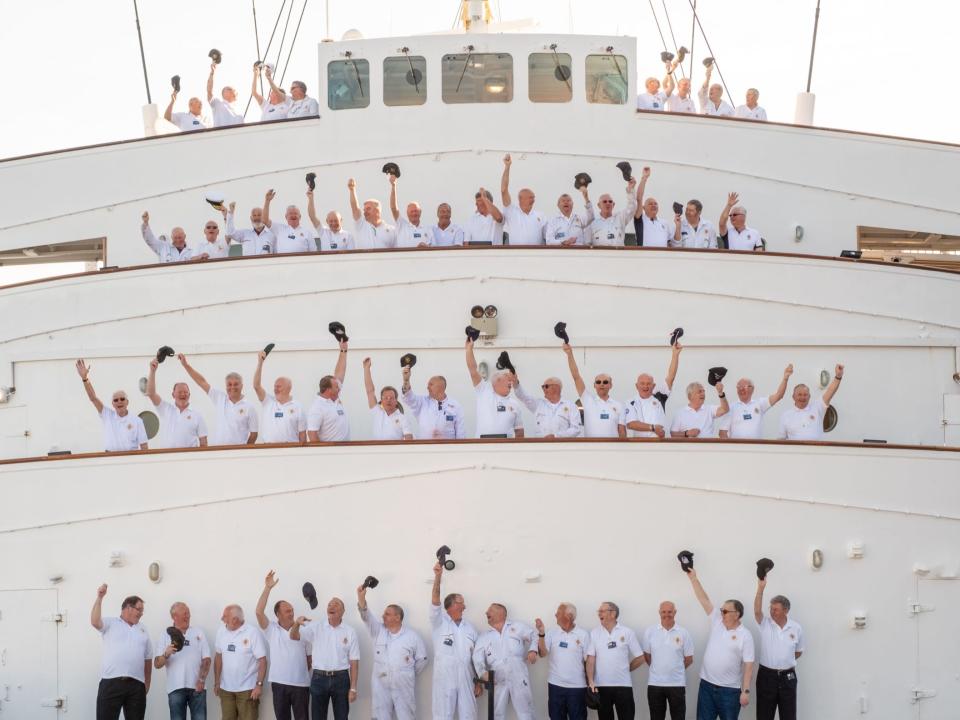 Former royal yachtsmen gather on the Royal Yacht Britannia.