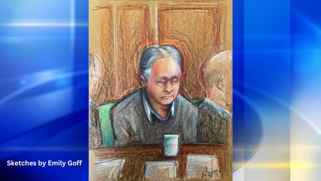 This sketch from April 24, 2023, shows Pittsburgh synagogue shooting suspect Robert Bowers reading papers one of his lawyers had in front of him. 
