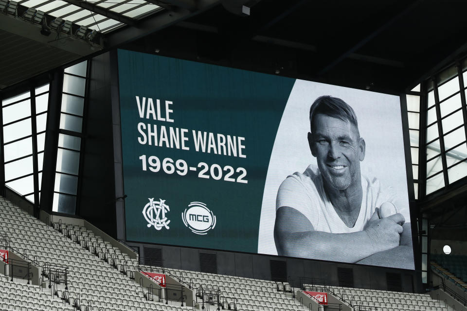 Seen here, a tribute to the late cricket great Shane Warne is shown on a scoreboard at the Melbourne Cricket Ground on Saturday.