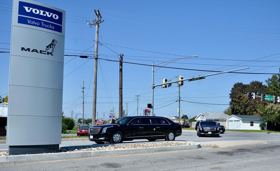 President Biden's motorcade arrives Friday at the Volvo Group Trucks Powertrain facility in Hagerstown.