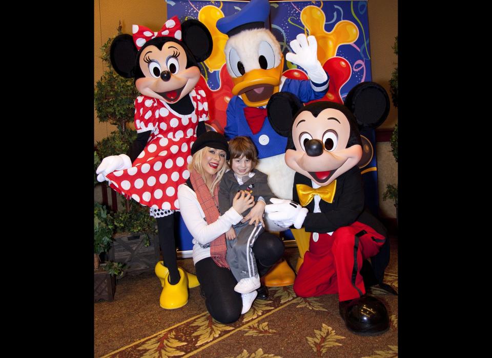 Christina Aguilera and son Max celebrate his 3rd birthday with Mickey Mouse, Minnie Mouse and Donald Duck at the Disneyland Resort on January 11, 2010 in Anaheim, California.  (Photo by Paul Hiffmeyer/Disneyland via Getty Images)