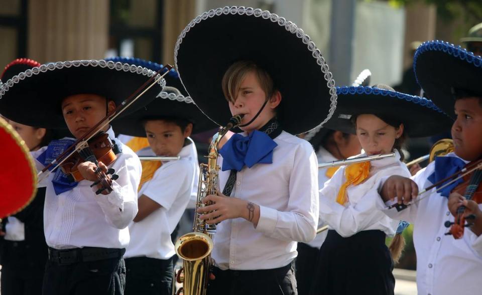 Members of the Leavensworth Elementary School mariachi perform during the Fiestas Patrias celebration in downtown Fresno on Sept. 24, 2023.