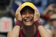 Emma Raducanu, of Britain, reacts after defeating Leylah Fernandez, of Canada, during the women's singles final of the US Open tennis championships, Saturday, Sept. 11, 2021, in New York. (AP Photo/Elise Amendola)