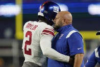 New York Giants quarterback Tyrod Taylor (2) celebrates his touchdown pass against the New England Patriots with coach Brian Daboll during the second half of a preseason NFL football game Thursday, Aug. 11, 2022, in Foxborough, Mass. (AP Photo/Charles Krupa)