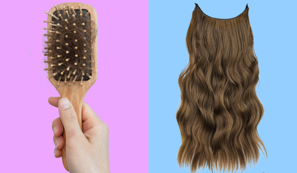 someone holding a brush filled with hair / one of the wavy hair extensions for thin hair in a brown shade