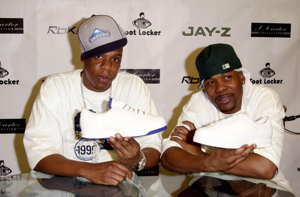 Hov and Memphis Bleek hung during the Jay Z Brings S. Carter Shoe Collection Home to N.Y.C. at Foot Locker in 2003.