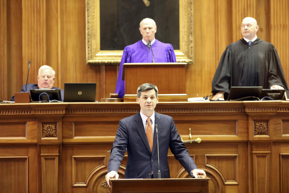 South Carolina Senate Majority Leader Shane Massey, R-Edgefield, speaks in favor of a bill that would make the state's abortion laws stricter on Tuesday, May, 23, 2023, in Columbia, S.C. (AP Photo/Jeffrey Collins)