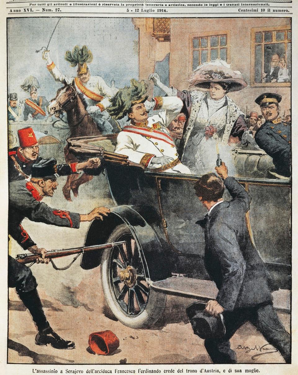 An illustration depicting the assassination of Archduke Franz Ferdinand and his wife by Achille Beltrame (1871-1945)