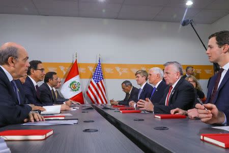 Peru's President Martin Vizcarra meets U.S. Vice President Mike Pence, Acting U.S. Secretary of State John Sullivan and White House senior advisor Jared Kushner during a bilateral meeting at the VIII Summit of the Americas in Lima, Peru April 14, 2018. Presidential Palace Handout via REUTERS ATTENTION EDITORS - THIS IMAGE WAS PROVIDED BY A THIRD PARTY - RC1901C5B180