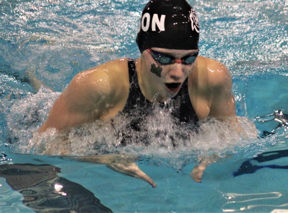 Mason sophomore Chloe Wall swims the 200 individual medley during the OHSAA Southwest District Division I girls swimming championships Feb. 18, 2023 at Miami University