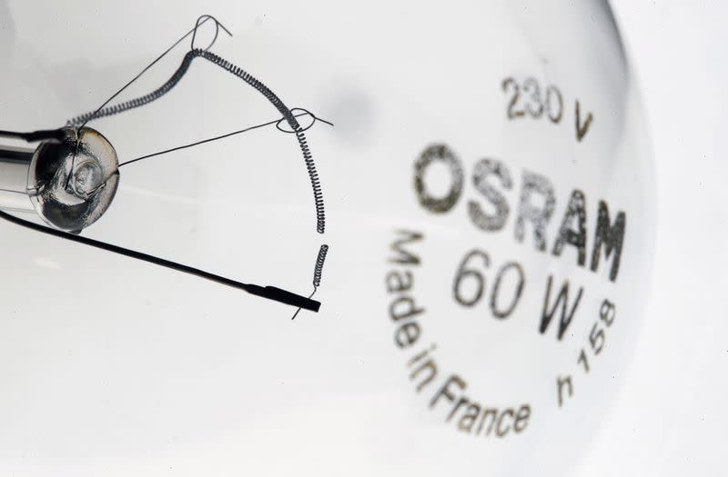 Broken filament of a lightbulb by lighting manufacturer Osram is pictured in Zurich