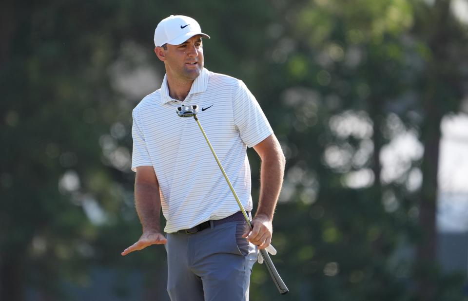 Jun 14, 2024; Pinehurst, North Carolina, USA; Scottie Scheffler reacts after a putt on the 13th hole during the second round of the U.S. Open golf tournament at Pinehurst No. 2. Mandatory Credit: John David Mercer-USA TODAY Sports