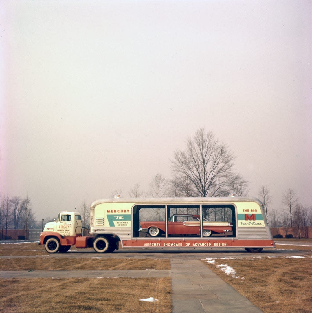 This 1956 Mercury Turnpike Cruiser and van, a showcase on wheels using a Mercury truck to haul a Mercury concept car, is among 100 concept car images that Ford Motor Co. added to its online archive site. Images are now available to the public for free downloading.