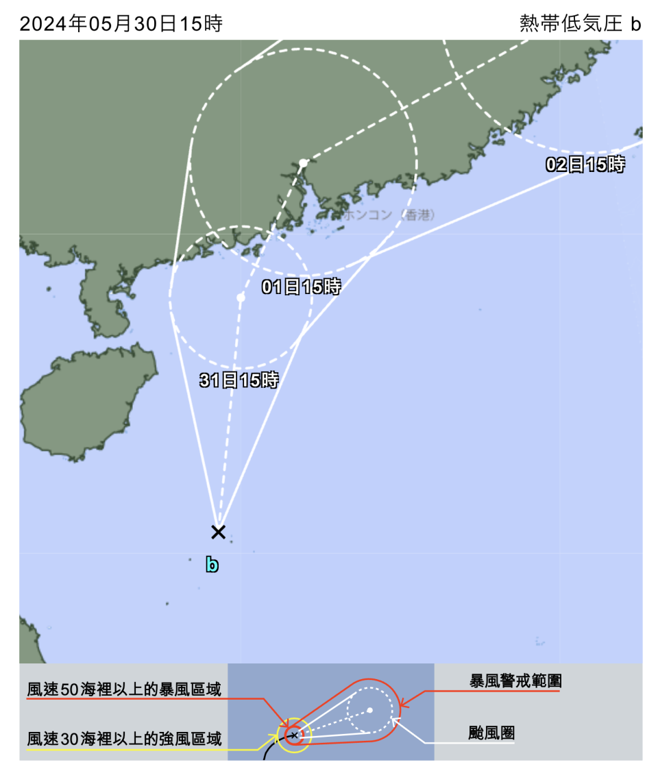 日本氣象廳日本時間 15 時發布數據，評估熱帶低氣壓在 6 月 1 日趨近珠江口。