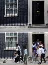 A combo of images showing school children approaching Downing Street chief mouser Larry the cat, as they leave after a scheduled meeting with Britain's Prime Minister Boris Johnson at 10 Downing Street in London on Friday, Aug. 30, 2019 and the empty scene taken from the same angle on Wednesday, April 1, 2020. (AP Photo/Frank Augstein)