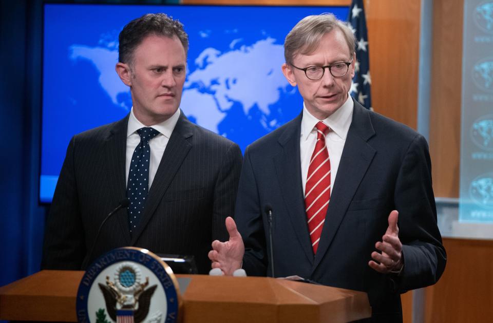 Brian Hook (R), US Special Representative for Iran, and Ambassador Nathan Sales (L), State Department Coordinator for Counterterrorism, speak after US Secretary of State Mike Pompeo announced that the US will designate Iran's Islamic Revolutionary Guard Corps (IRGC) as a Foreign Terrorist Organization (FTO) during a press conference at the State Department in Washington, DC, April 8, 2019. (Photo: Saul Loeb/AFP/Getty Images)