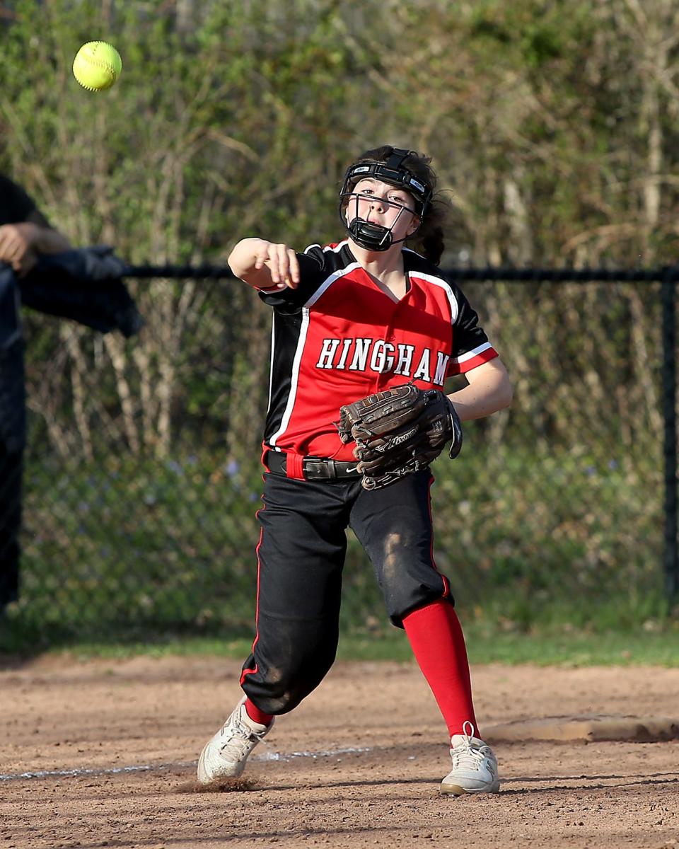 Hingham's Kate Schulte throws to first for the 5-3 put out to end the game during their game against Silver Lake at Hingham High on Thursday, April 12, 2022.