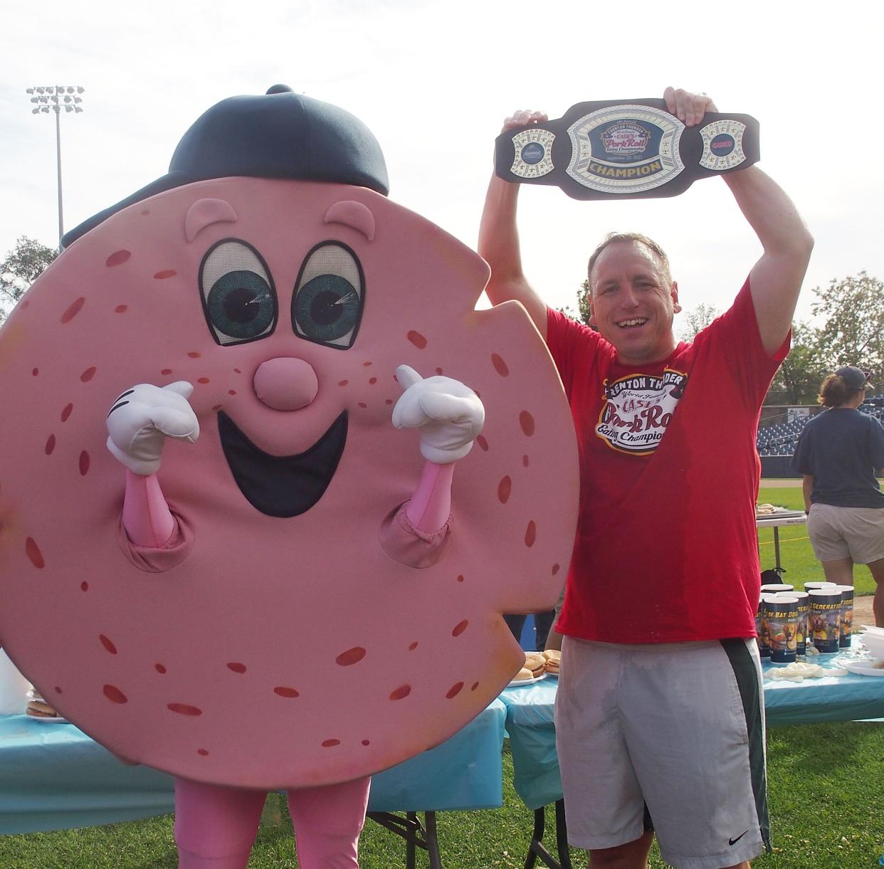 Joey Chestnut wins the Trenton Thunder Case's World Famous Pork Roll Eating Championship Contest with 45 Pork Rolls on September 25, 2021 in Trenton, New Jersey.