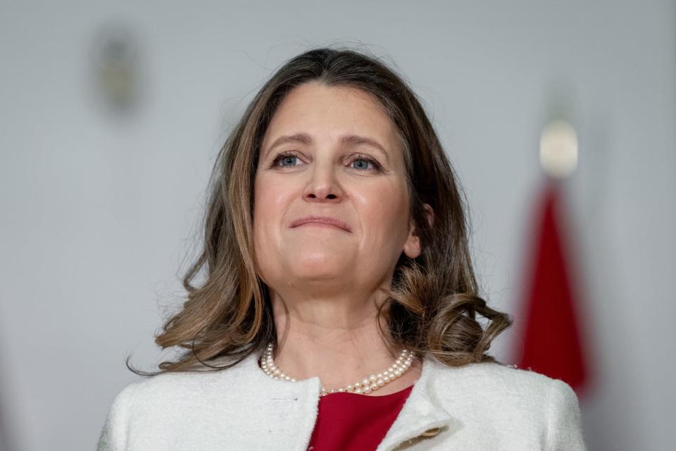 Deputy Prime Minister and Minister of Finance Chrystia Freeland listens to a speaker during a press conference on a housing announcement in Vancouver, BC, Wednesday, March 27, 2024.