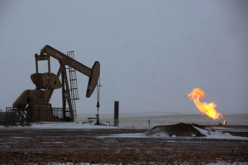 Natural gas flares are seen at an oil pump site outside of Williston, North Dakota March 11, 2013. REUTERS/Shannon Stapleton