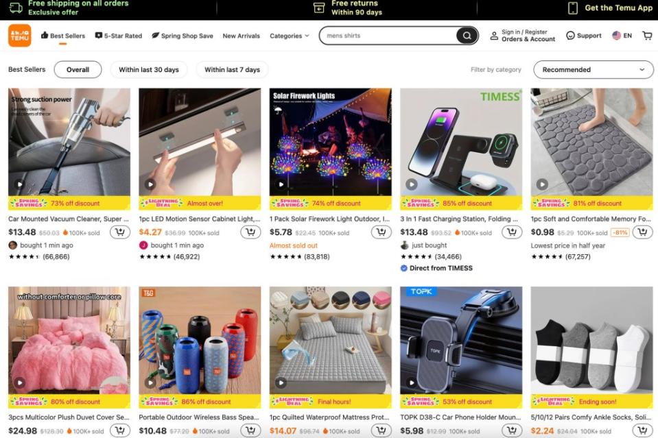 On Friday afternoon, for its Spring Savings sale, Temu’s best-sellers page boasted a wireless speaker for $10.48, a $13.48 vacuum cleaner and a shower mat for an unbelievable 98 cents. Temu.com