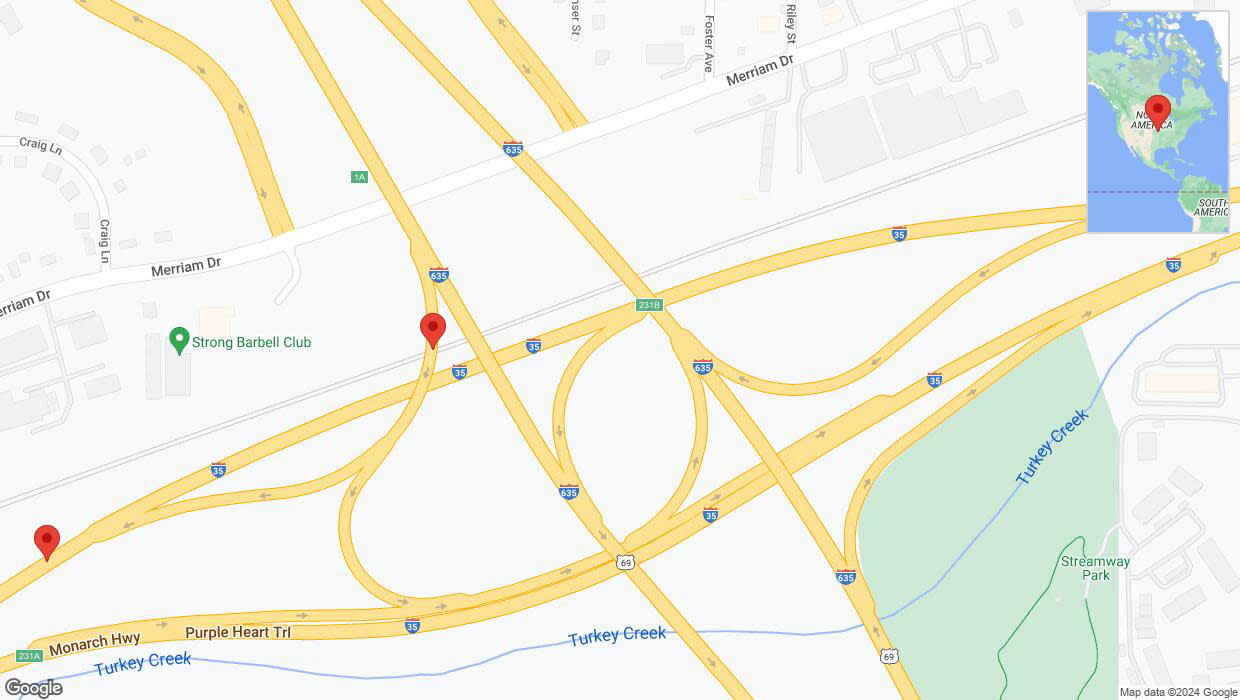 A detailed map that shows the affected road due to 'Heavy rain prompts traffic warning on Purple Heart Trail in Overland Park' on July 3rd at 5:18 p.m.