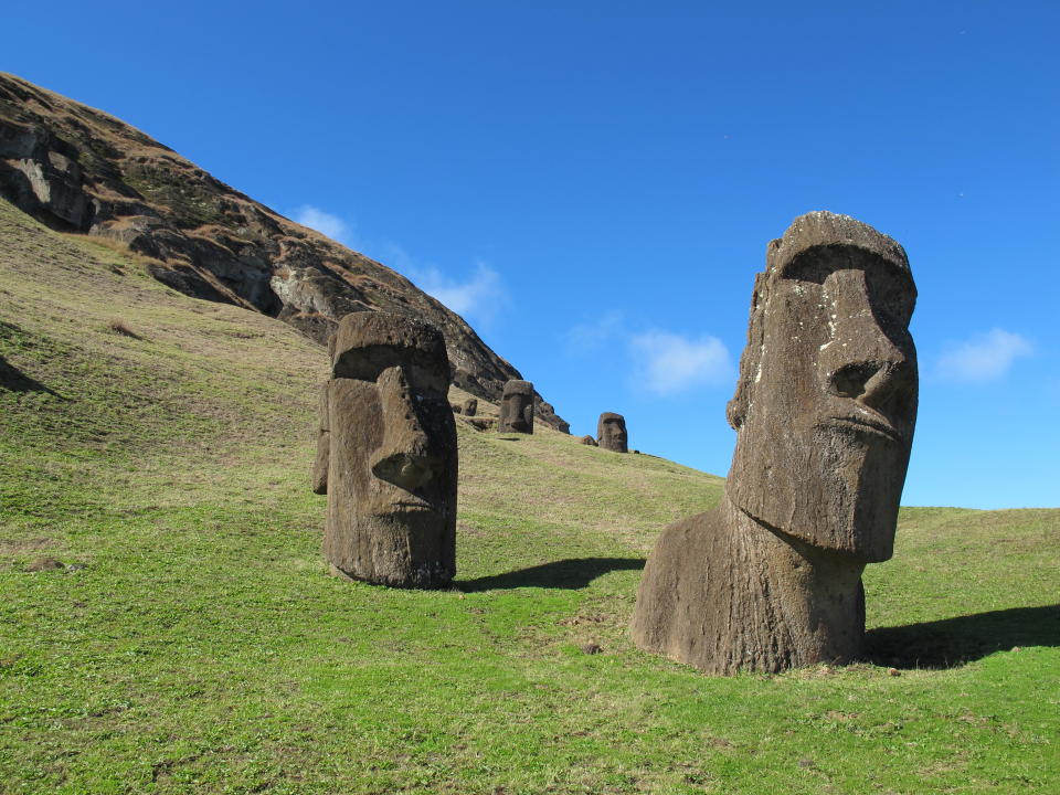 This August 2012 photo shows heads at Rano Raraku, the quarry on Easter Island. The sculptures have bodies attached, but they are buried under the dirt and not visible. About 400 moai are here in various stages of carving. (AP Photo/Karen Schwartz)
