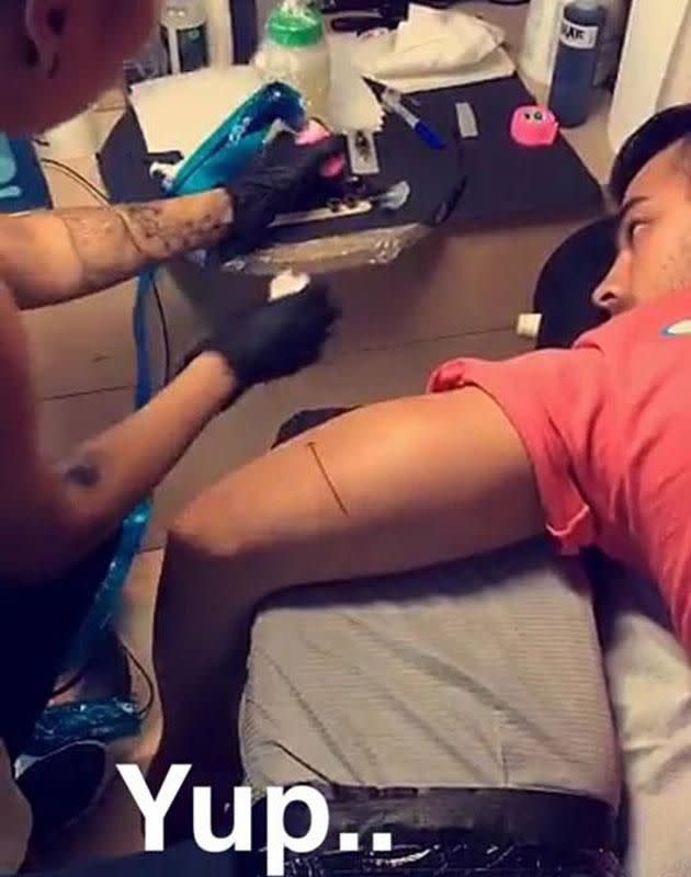 First Joe got his tattoo. Source: Snapchat