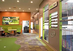 GOLFTEC lobby, putting green and Club Fitting wall