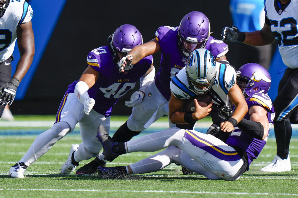 Carolina Panthers quarterback Bryce Young is sacked by the Minnesota Vikings during the second half of an NFL football game Sunday, Oct. 1, 2023, in Charlotte, N.C. (AP Photo/Jacob Kupferman)