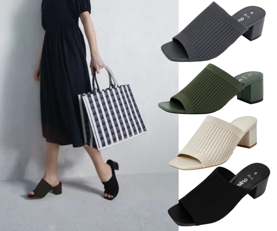 On the left, a woman in a long black dress holds a black and white bag wearing Kmart's $20 knitted mules in black against a grey background. On the right, four colours of the mules sit above each other, in grey, olive, cream and black.
