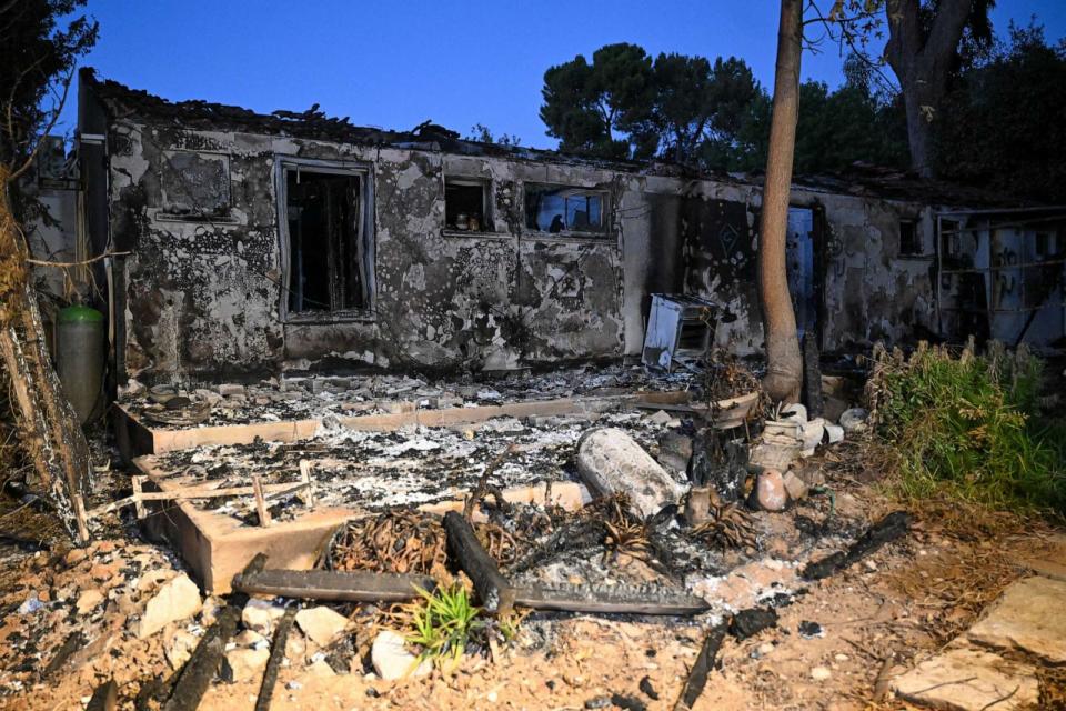 PHOTO: A house is completely destroyed after being burned by Hamas militants during the attack at Kibbutz Be'eri, near the border with Gaza, Oct. 11, 2023 in Be'eri, Israel. (Alexi J. Rosenfeld/Getty Images)