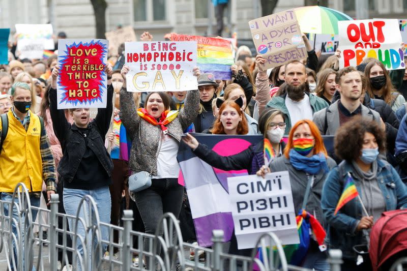 Participants take part in the Equality March, organized by the LGBT+ community in Kyiv