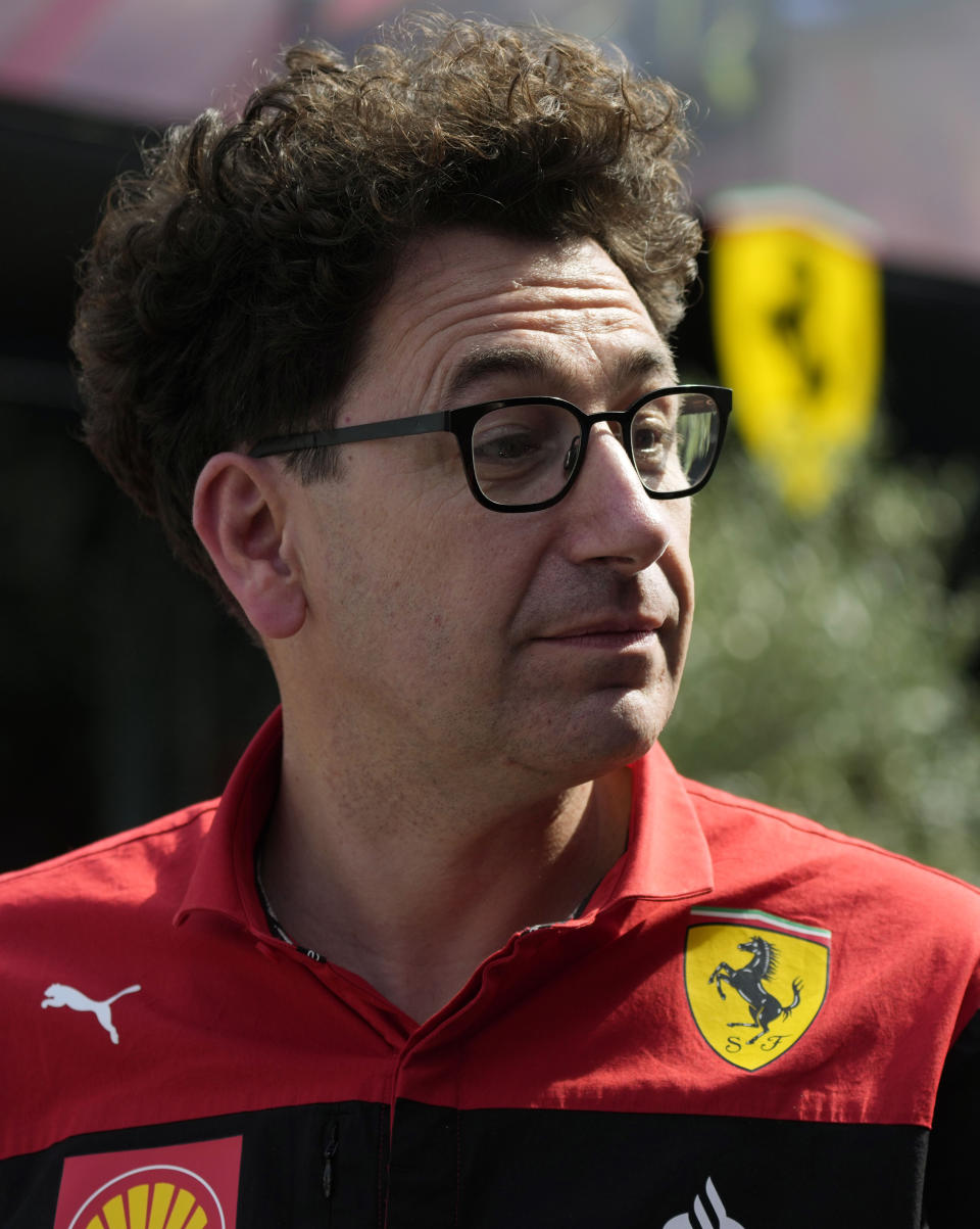 Team chief Mattia Binotto of Ferrari grimaces at the Monza racetrack, in Monza, Italy, Thursday, Sept. 8, 2022. The Formula one race will be held on Sunday. (AP Photo/Luca Bruno)