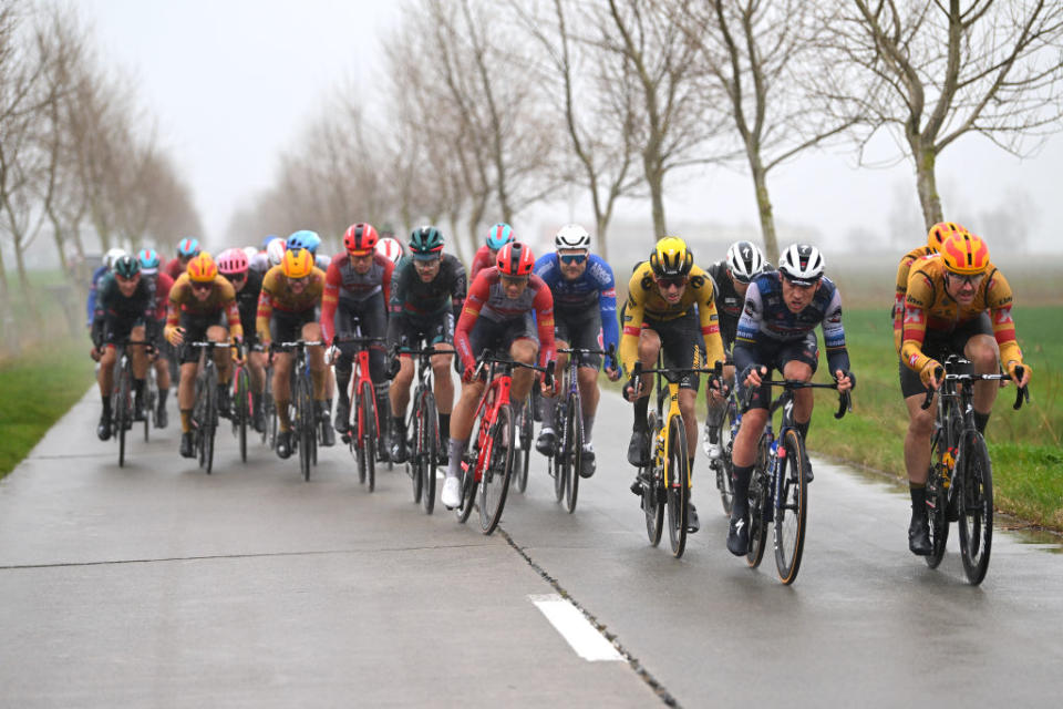 DE PANNE BELGIUM  MARCH 22 LR Tim Van Dijke of The Netherlands and Team JumboVisma Yves Lampaert of Belgium and Team Soudal  Quick Step and Erik Nordster Resell of Norway and UnoX Pro Cycling Team compete in the breakaway during the 47th Minerva Classic Brugge  De Panne 2023 a 211km one day race from Brugge to De Panne on March 22 2023 in De Panne Belgium Photo by Luc ClaessenGetty Images