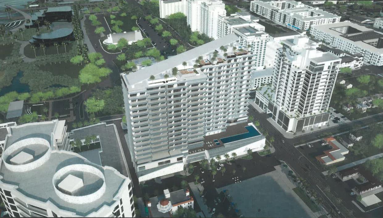 This rendering of One Park Sarasota shows an aerial of the development site looking over The Bay Park. A police probe was launched in April after a meeting between a One Park partner and and a planning board member.