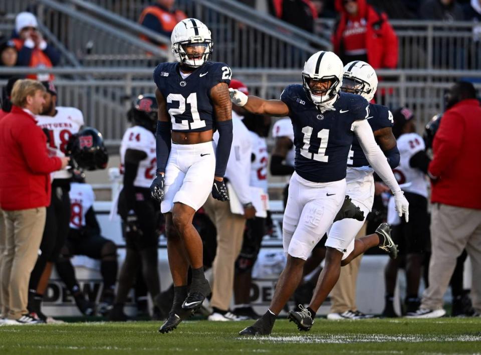 Penn State safety Kevin Winston Jr. celebrates his interception during the game on Saturday, Nov. 18, 2023.