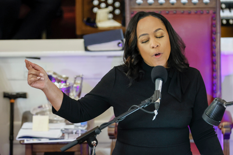 Fulton County District Attorney Fani Willis defended herself against allegations of impropriety during a worship service at the Big Bethel AME Church on Sunday, Jan. 14, 2024, in Atlanta.