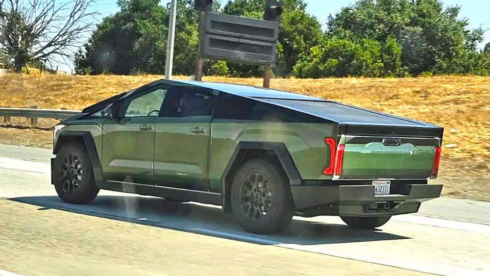  A photo of a Tesla Cybertruck disguised as a Toyota Tundra using a wrap 