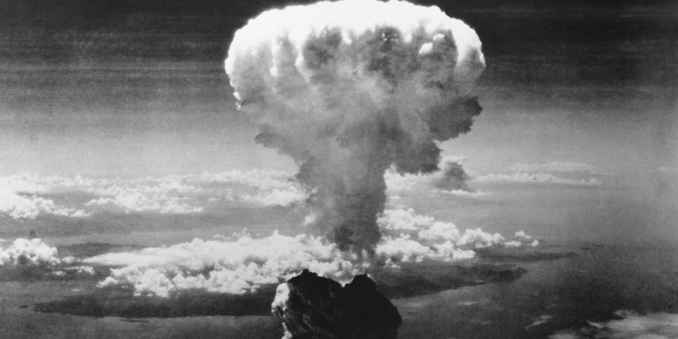 A mushroom cloud rises over Nagasaki in Japan as the United States detonated an atomic bomb over the city on August 9, 1945. 'Fat Man' was the codename for the bomb. The first atomic bomb that was dropped on Hiroshima on August 6, 1945 was named 'Little Boy'. Photo: Corbis via Getty Images <br>