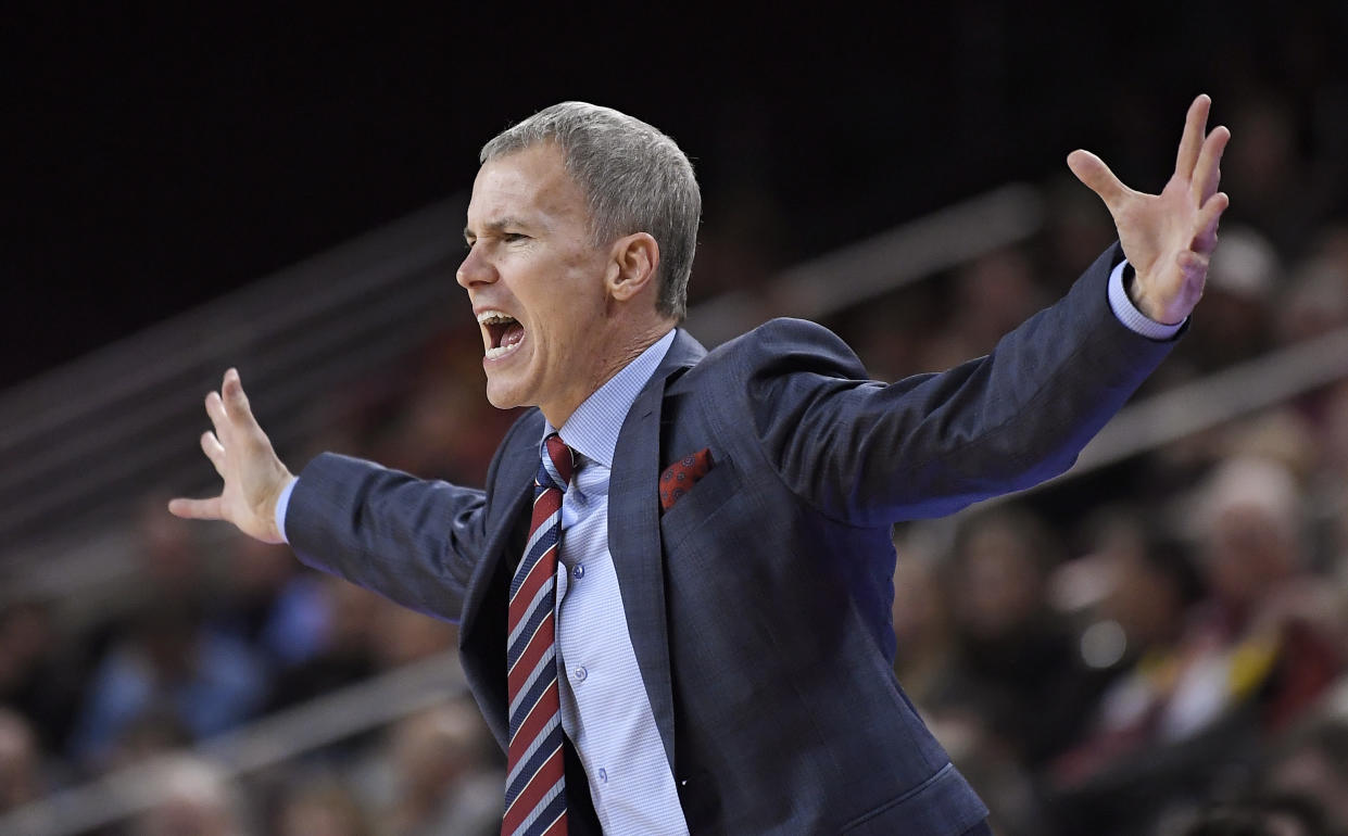 Southern California head coach Andy Enfield gestures to his team during the first half of an NCAA college basketball game against Colorado, Wednesday, Jan. 10, 2018, in Los Angeles. (AP Photo/Mark J. Terrill)