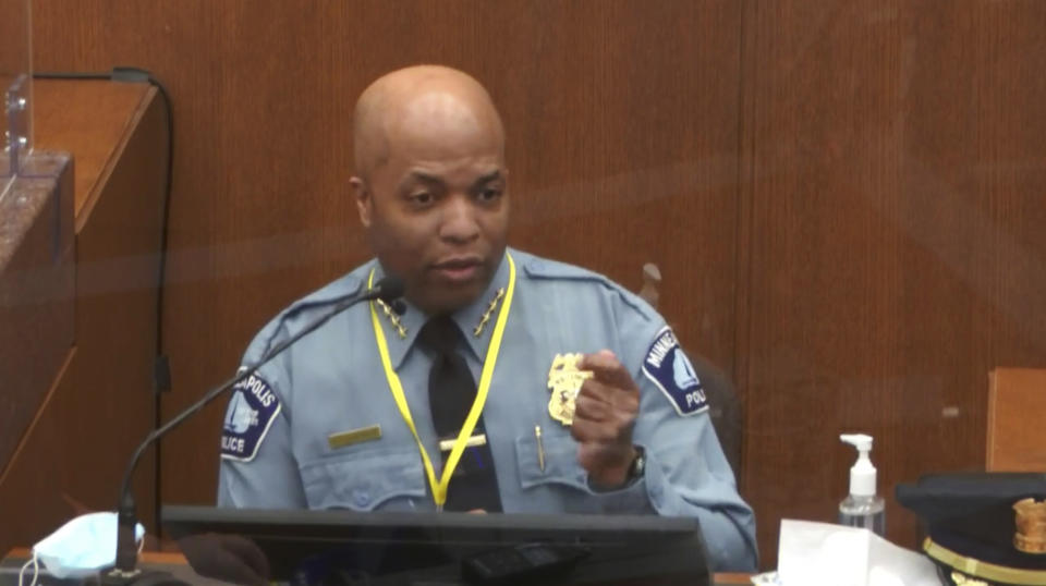 In this image from video, witness Minneapolis Police Chief Medaria Arradondo testifies as Hennepin County Judge Peter Cahill presides Monday, April 5, 2021, in the trial of former Minneapolis police Officer Derek Chauvin at the Hennepin County Courthouse in Minneapolis. Chauvin is charged in the May 25, 2020 death of George Floyd. (Court TV via AP, Pool)