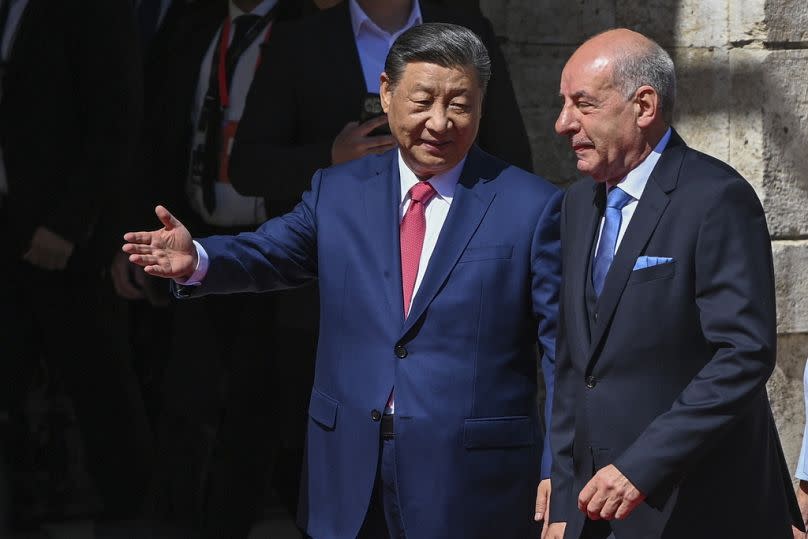 Hungarian President Tamas Sulyok receives Chinese President Xi Jinping with military honours in the Lion Court of the Castle of Buda in Budapest, May 2024