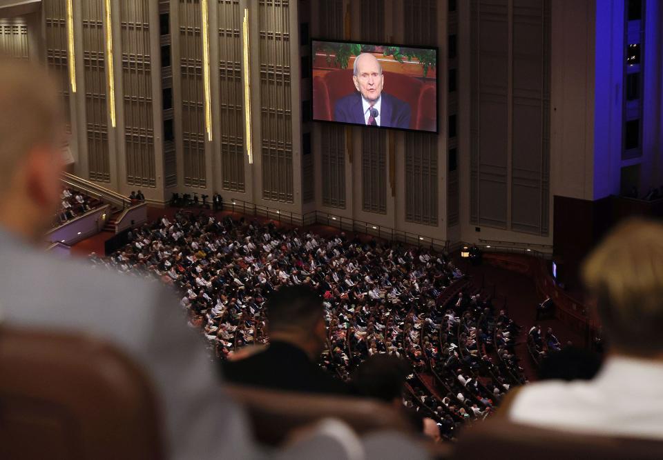 President Russell M. Nelson of The Church of Jesus Christ of Latter-day Saints speaks through video message during the 193rd Semiannual General Conference of The Church of Jesus Christ of Latter-day Saints at the Conference Center in Salt Lake City on Sunday, Oct. 1, 2023. | Jeffrey D. Allred, Deseret News