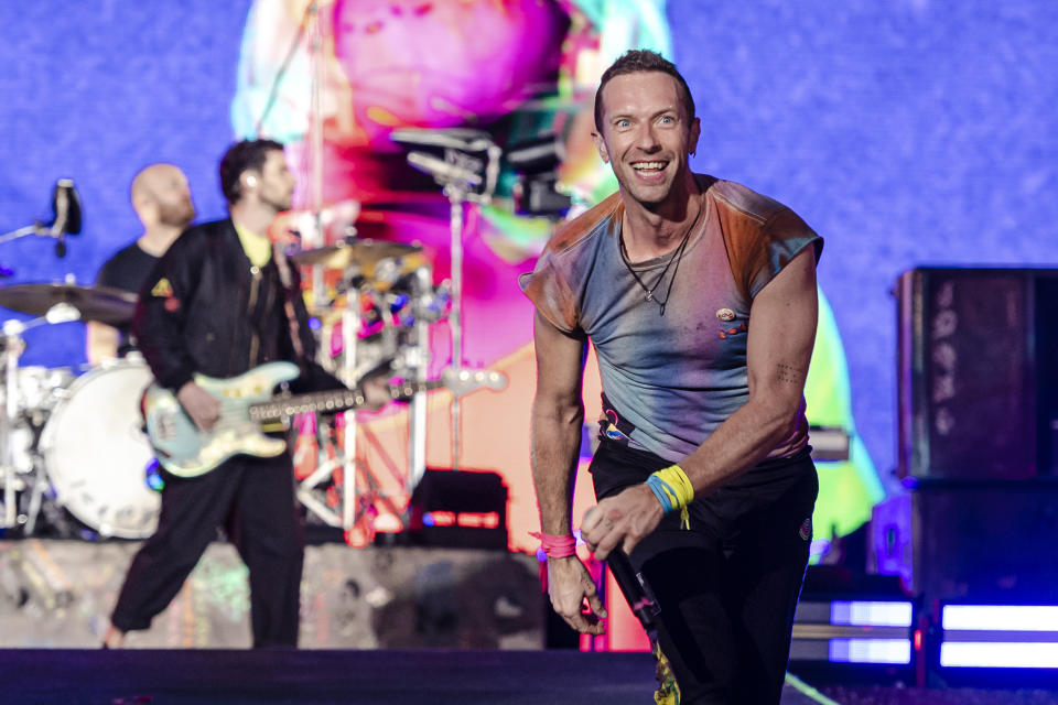 Will Champion, Guy Berryman, Chris Martin of Coldplay perform at Hampden Park on August 23, 2022 in Glasgow, Scotland. (Photo by Euan Cherry/Getty Images)