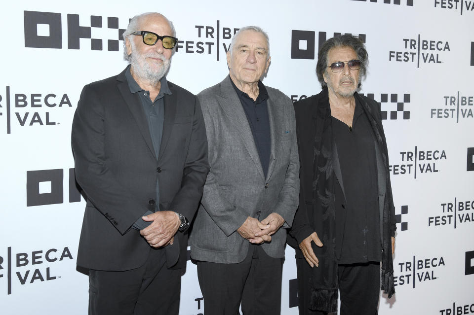 Film producer Art Linson and actors Robert De Niro and Al Pacino attend the “Heat” photo call during the 2022 Tribeca Festival. - Credit: Sipa USA via AP